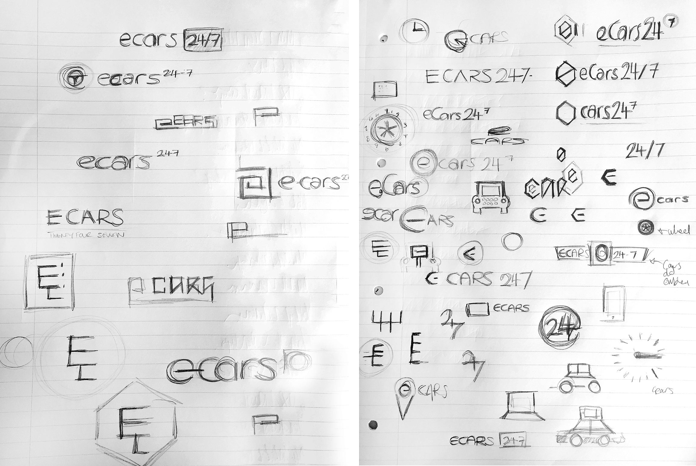 Early Sketches concepts of eCars 24/7 Logo