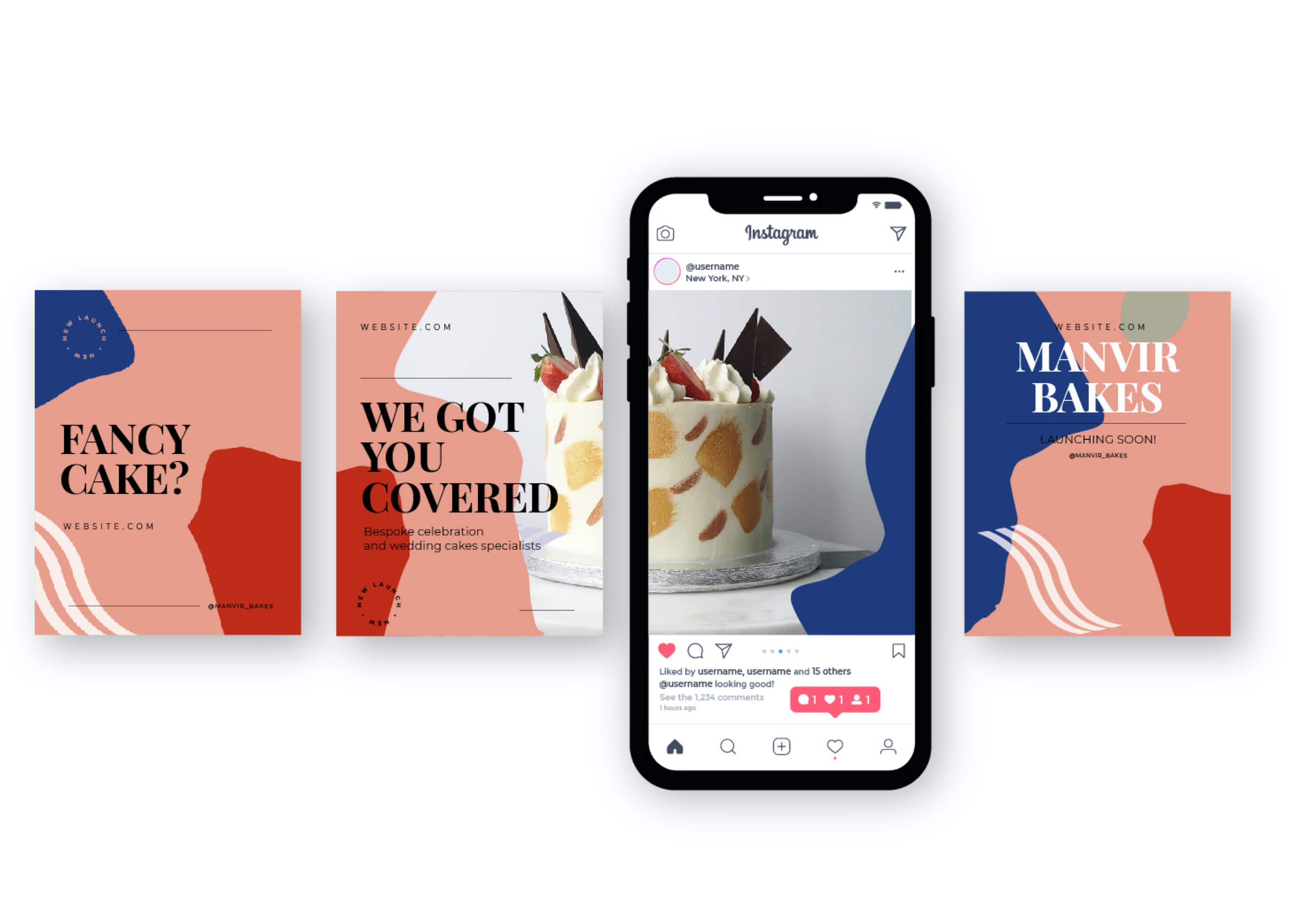 Instagram carousel screens concept for branded launch of Manvir Bakes