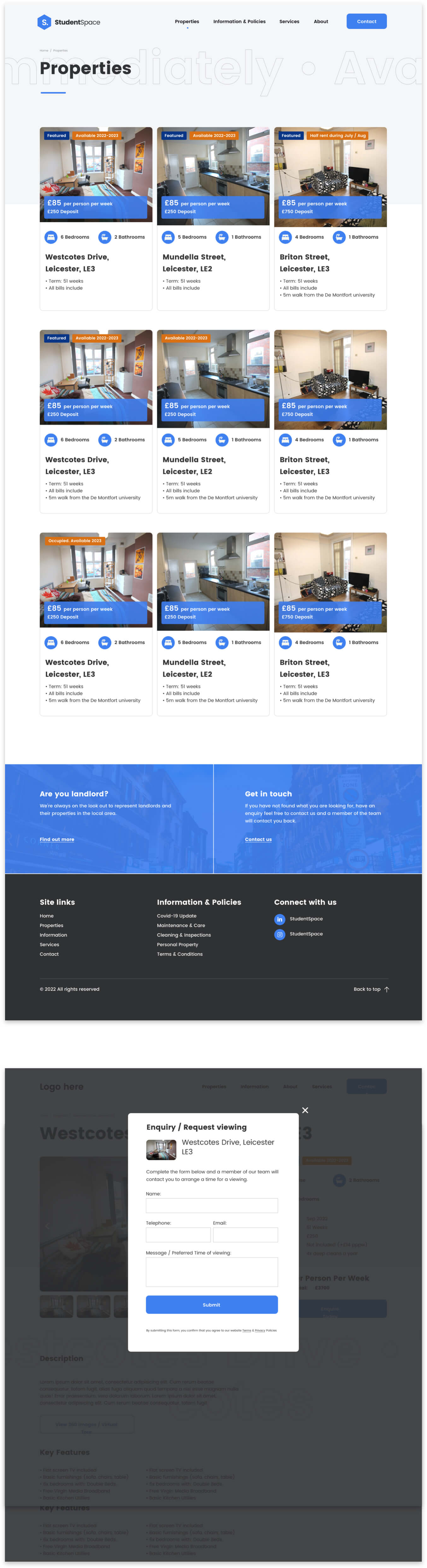 Listing Page and enquiry form for Student Space Website Design 